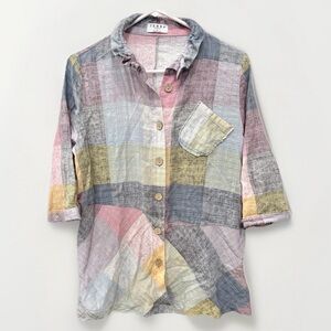 Womens Plaid Button Down Shirt Size S Pastel Ruffle Collared Cotton Rayon Check